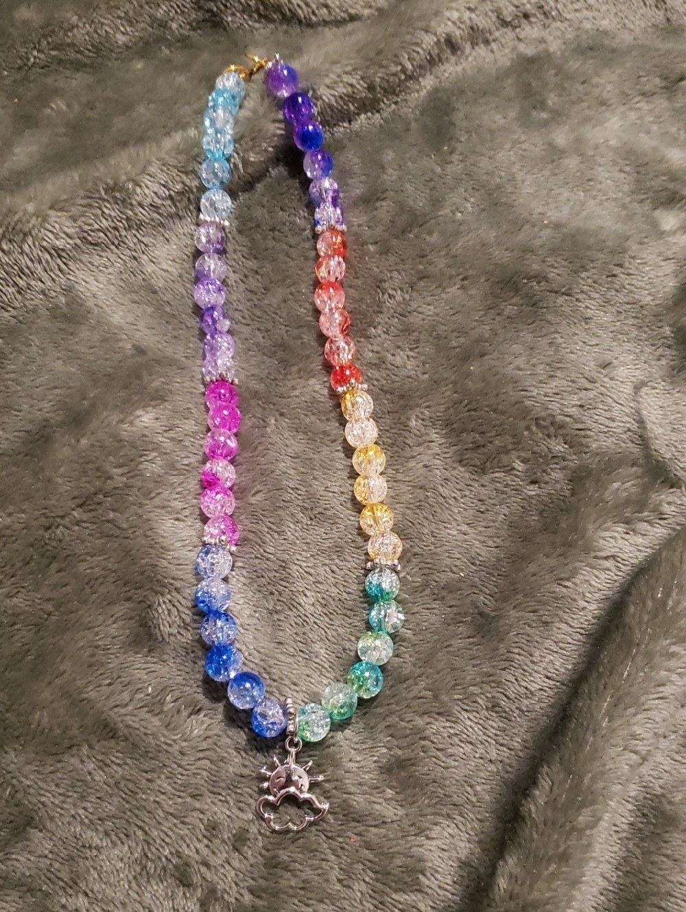 Rainbow Crackle Bead Necklace with Silver Cloud Charm - Multicolor